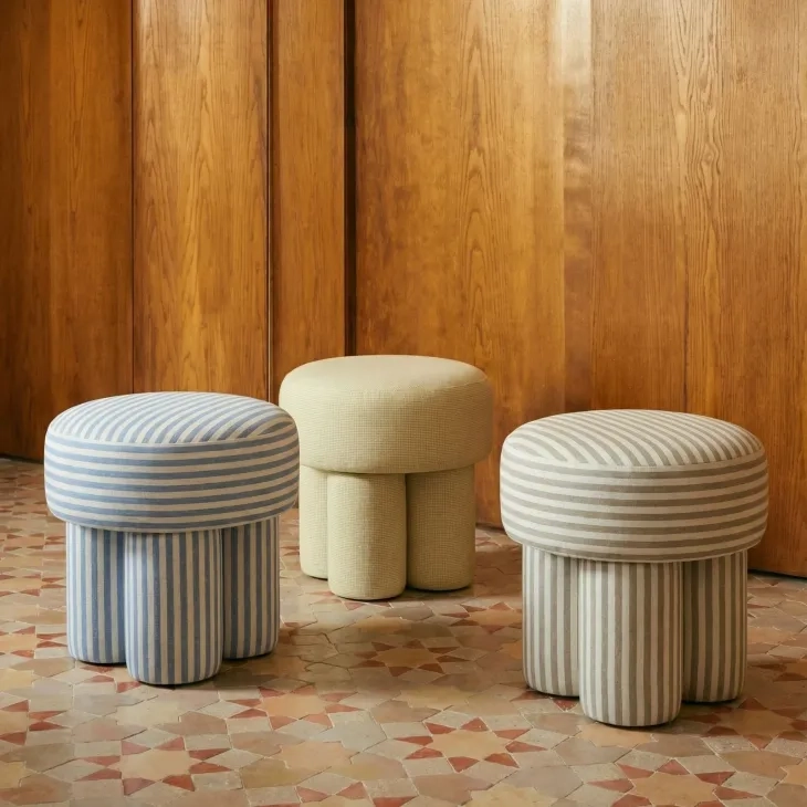 Masha Khaki and White Performance Fabric Upholstered Accent Stool