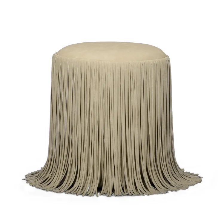 Shag Me Distressed Tan Upholstered Round Ottoman