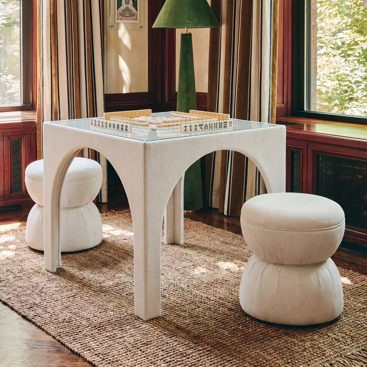 Tomlin Cream Performance Fabric 35" Square Game Table and Round Ottoman Set of 2