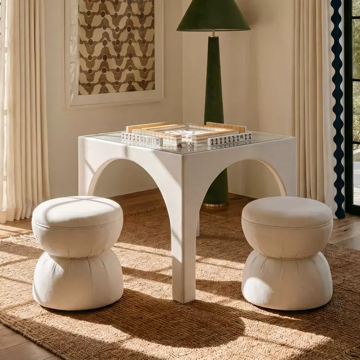Tomlin Cream Performance Fabric 35" Square Game Table and Round Ottoman Set of 2