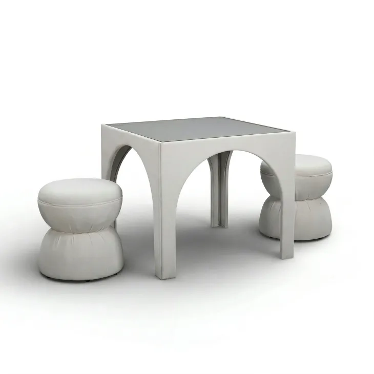 Tomlin Cream Performance Fabric 35" Square Game Table and Round Ottoman Set of 2