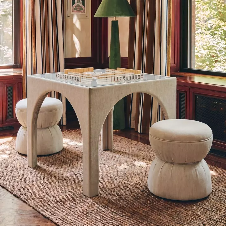 Tomlin Tan Performance Fabric 35" Square Game Table and Round Ottoman Set of 2