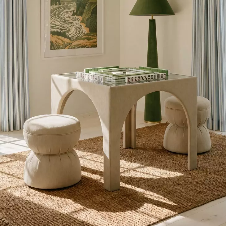 Tomlin Tan Performance Fabric 35" Square Game Table and Round Ottoman Set of 2