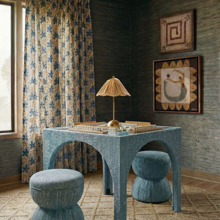 Tomlin Teal Performance Fabric 35" Square Game Table and Round Ottoman Set of 2