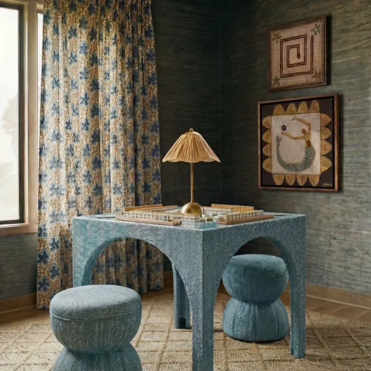 Tomlin Teal Performance Fabric 35" Square Game Table and Round Ottoman Set of 2