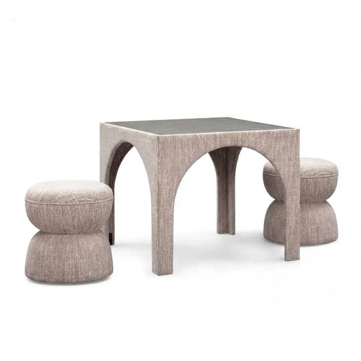 Tomlin Beige Performance Fabric 35" Square Game Table and Round Ottoman Set of 2