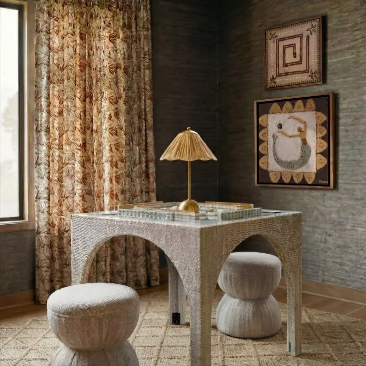 Tomlin Beige Performance Fabric 35" Square Game Table and Round Ottoman Set of 2