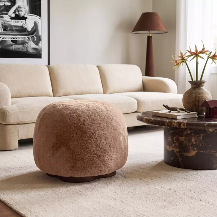 Oopa Taupe Performance Fabric Upholstered Swivel Round Ottoman