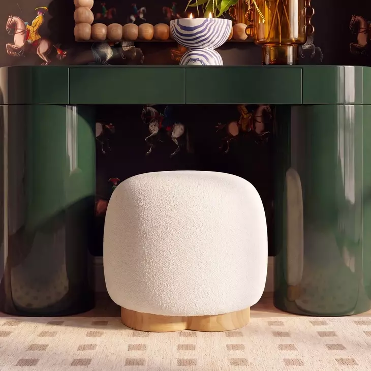 Oopa Cream Performance Boucle Upholstered Swivel Round Ottoman