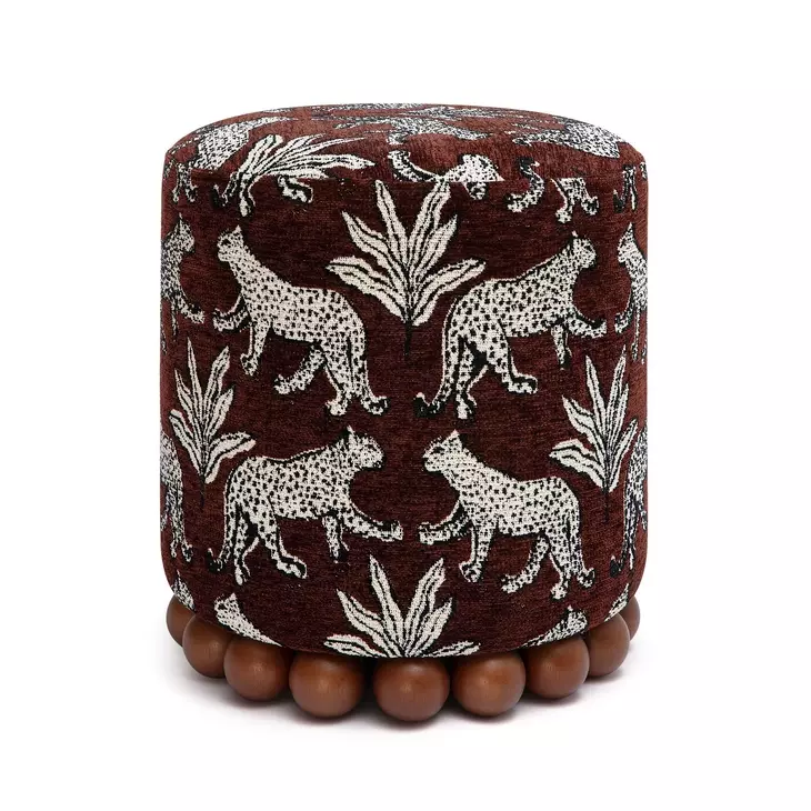 Dex Brown and White Leopard Jacquard Performance Fabric Upholstered Round Ottoman