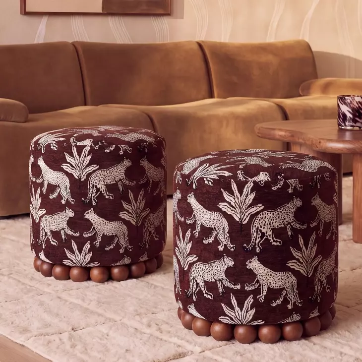 Dex Brown and White Leopard Jacquard Performance Fabric Upholstered Round Ottoman
