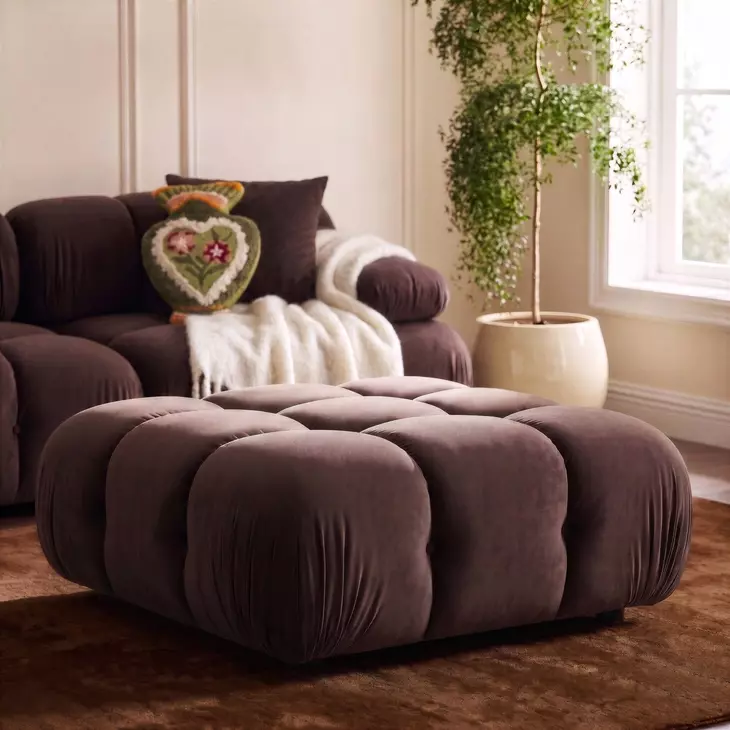 Calliope Dark Brown Performance Velvet Upholstered Square Modular Ottoman