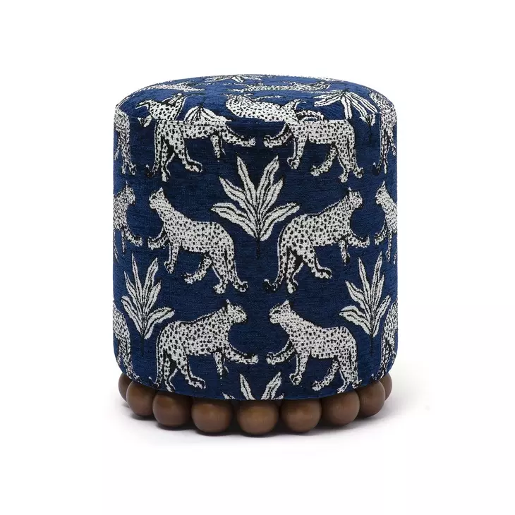 Dex Blue and White Leopard Jacquard Performance Fabric Upholstered Round Ottoman