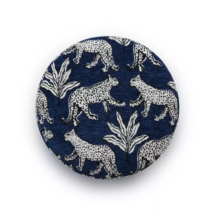 Dex Blue and White Leopard Jacquard Performance Fabric Upholstered Round Ottoman