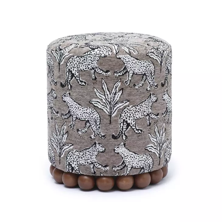Dex Smoke Gray and White Leopard Jacquard Performance Fabric Upholstered Round Ottoman