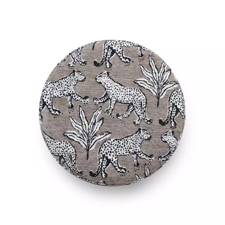Dex Smoke Gray and White Leopard Jacquard Performance Fabric Upholstered Round Ottoman