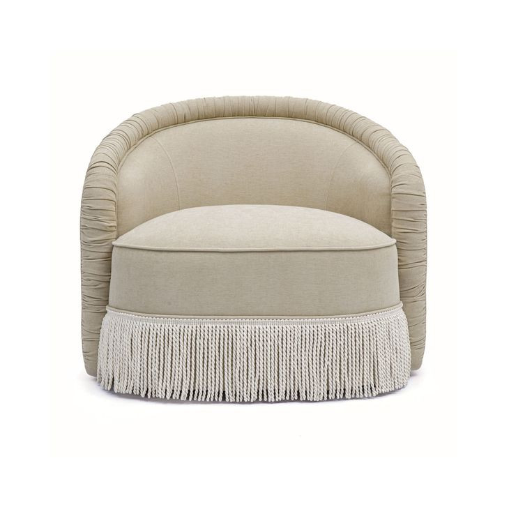 Pamela Tan Performance Fabric Upholstered Swivel Tassel Lounge Chair