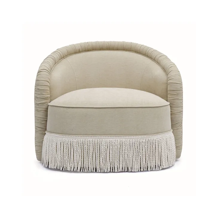 Pamela Tan Performance Fabric Upholstered Swivel Tassel Lounge Chair