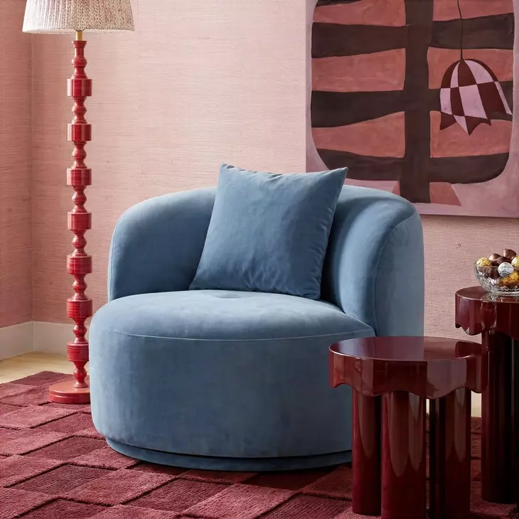 Fickle Bluestone Performance Velvet Upholstered Swivel Accent Chair with Pillow