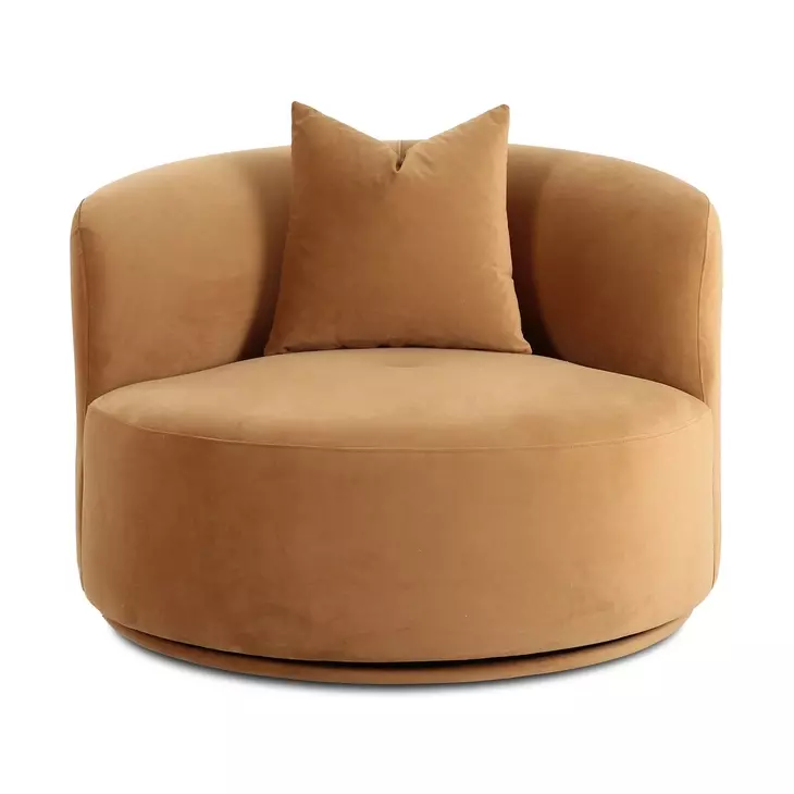 Fickle Camel Performance Velvet Upholstered Swivel Accent Chair with Pillow
