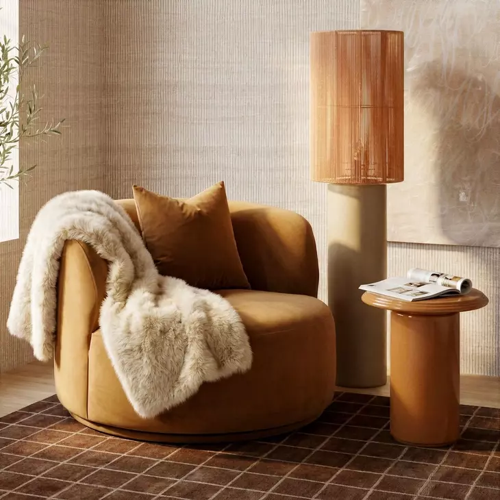 Fickle Camel Performance Velvet Upholstered Swivel Accent Chair with Pillow