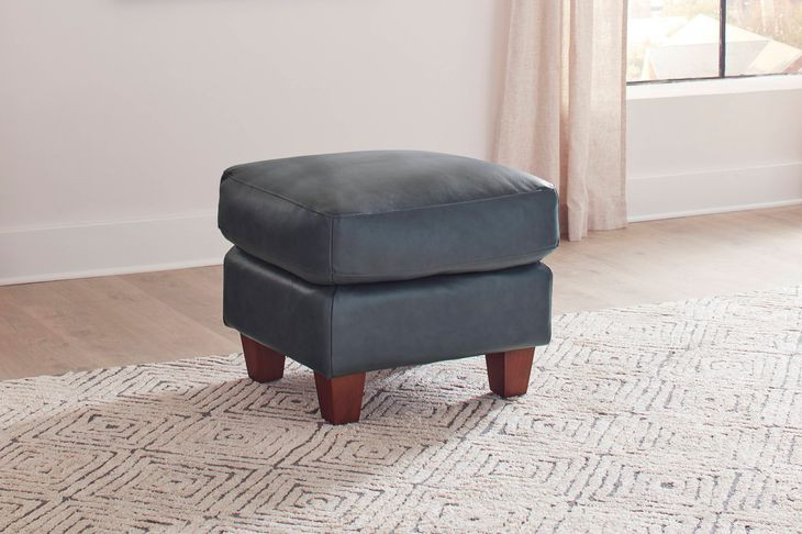 Traverse Ocean Blue Leather Upholstered Rectangular Ottoman