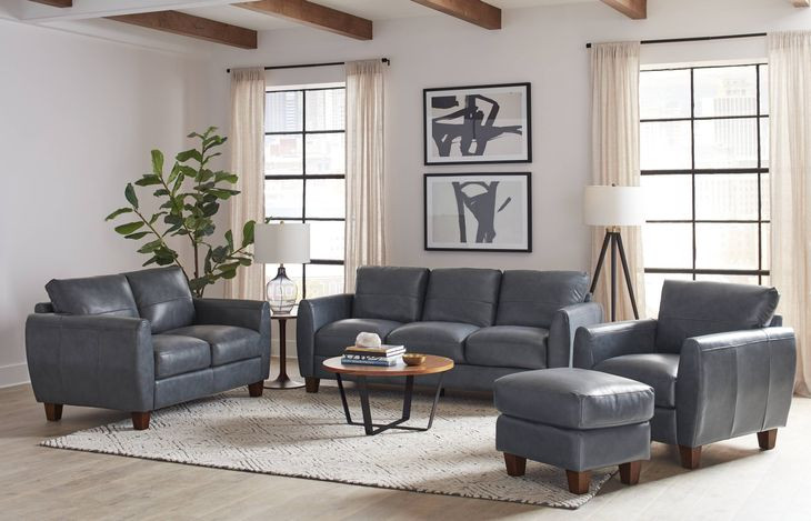 Traverse Ocean Blue Leather Living Room Set