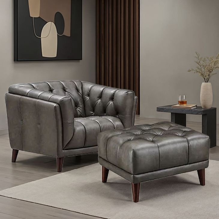 Trix Ash Gray Leather Upholstered Rectangular Ottoman
