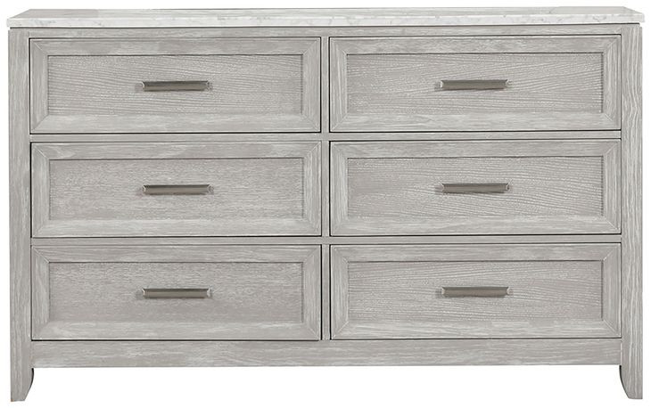 Fiona White and Mist Gray 6 Drawer Marble Top Dresser