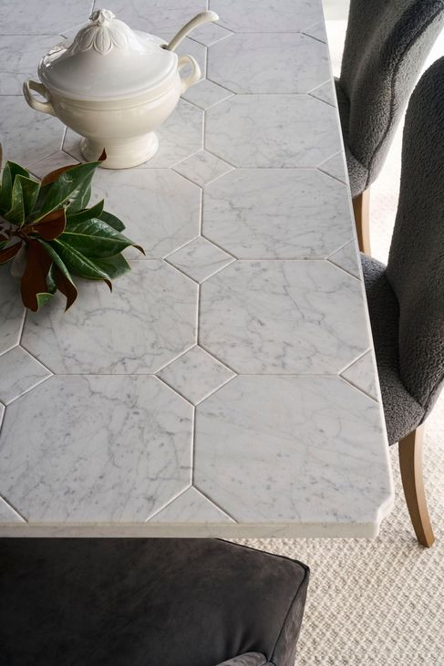 Tara Shaw Tuscan Aged White 120" Rectangular Marble Top Lucca Ii Dining Table