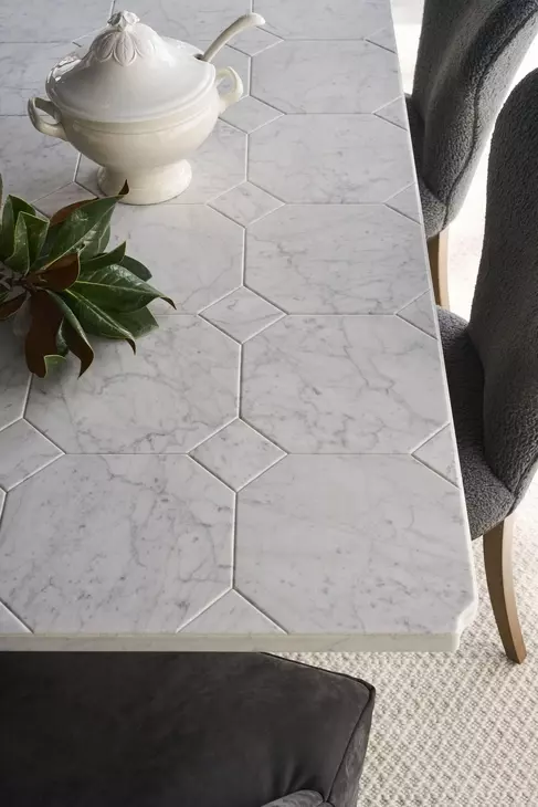 Tara Shaw Tuscan Aged White 120" Rectangular Marble Top Lucca Ii Dining Table