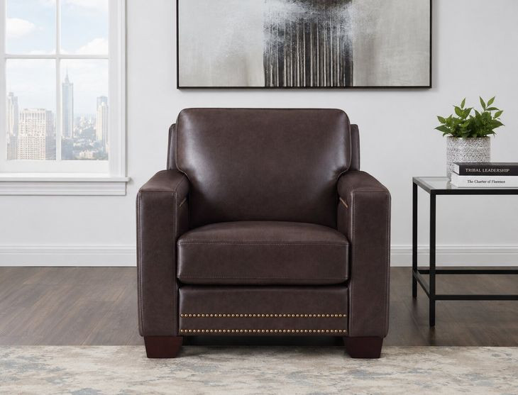 Aldercrest Brown Leather Upholstered Accent Chair with Nailhead Trim