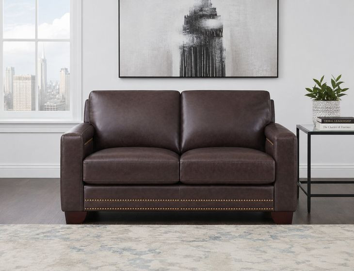 Aldercrest Brown Leather 60" Loveseat with Nailhead Trim