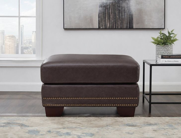 Aldercrest Brown Leather Upholstered Rectangular Ottoman with Nailhead Trim