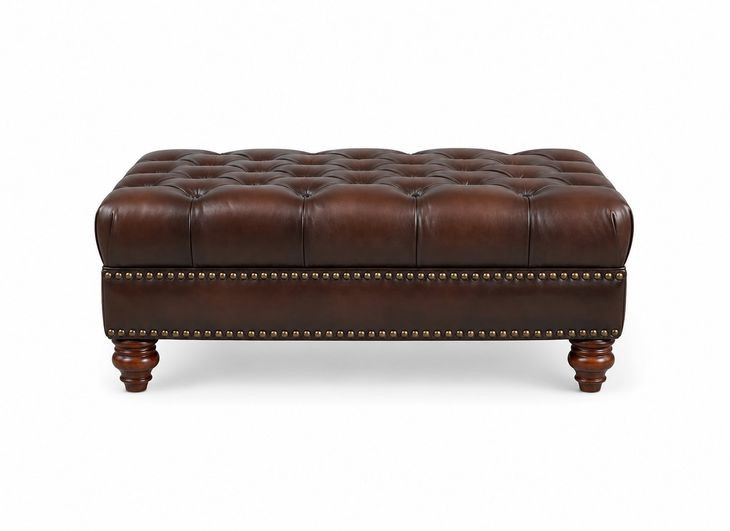 Waverly Caramel Leather Upholstered Rectangular Ottoman with Nailhead Trim