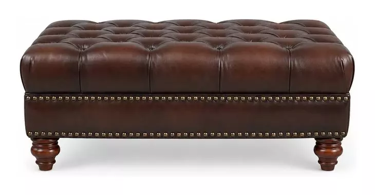 Waverly Caramel Leather Upholstered Rectangular Ottoman with Nailhead Trim