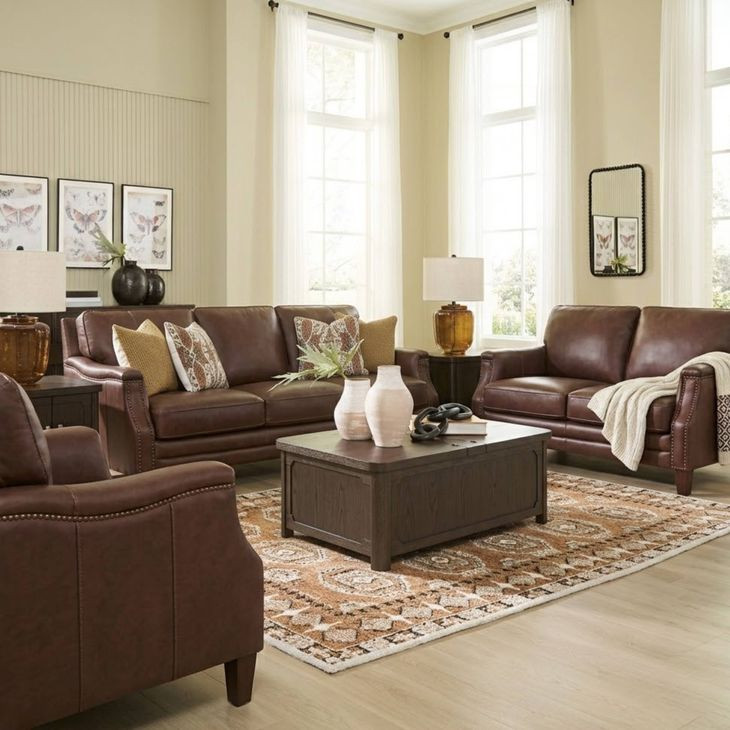 Camden Pecan Leather 87" Sofa with Nailhead Trim