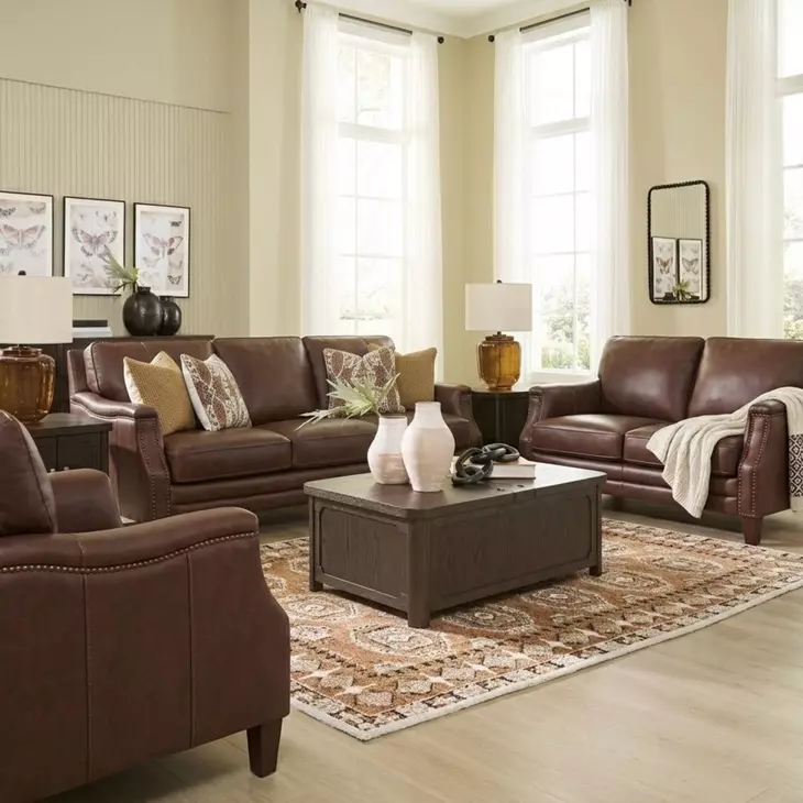 Camden Pecan Leather 87" Sofa with Nailhead Trim