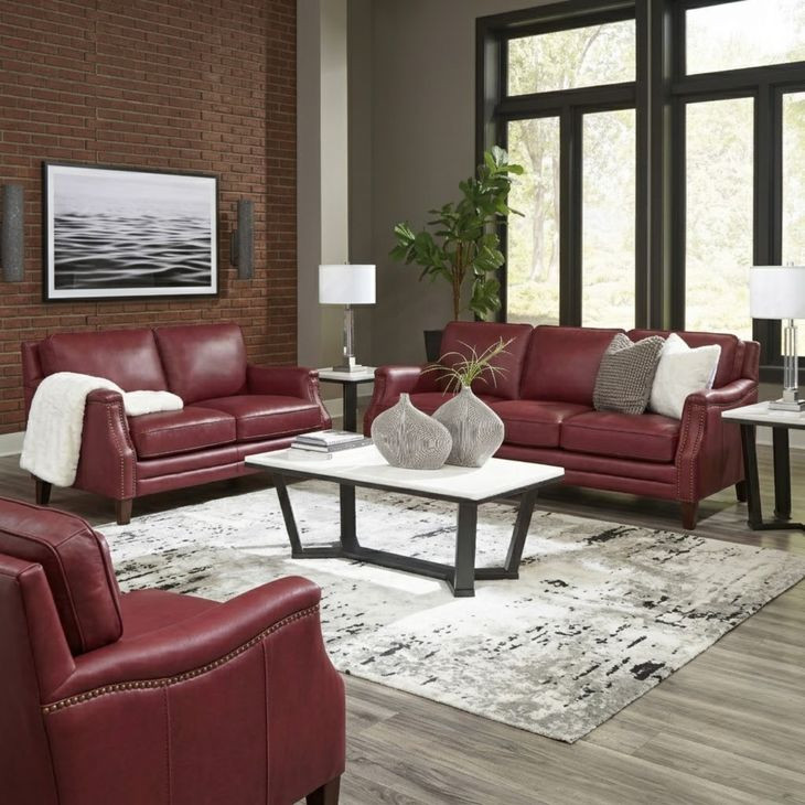 Camden Cranberry Leather Upholstered Accent Chair with Nailhead Trim