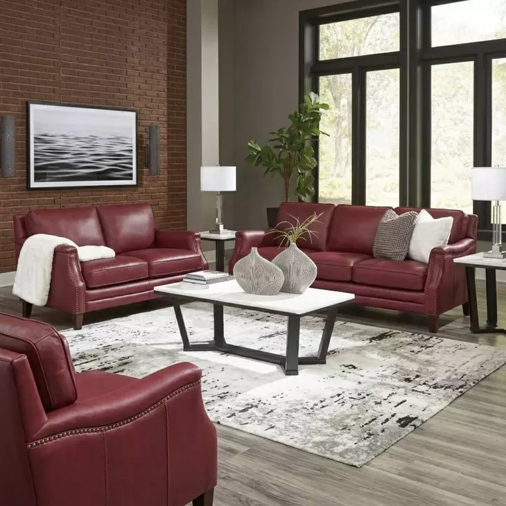 Camden Cranberry Leather 61" Loveseat with Nailhead Trim