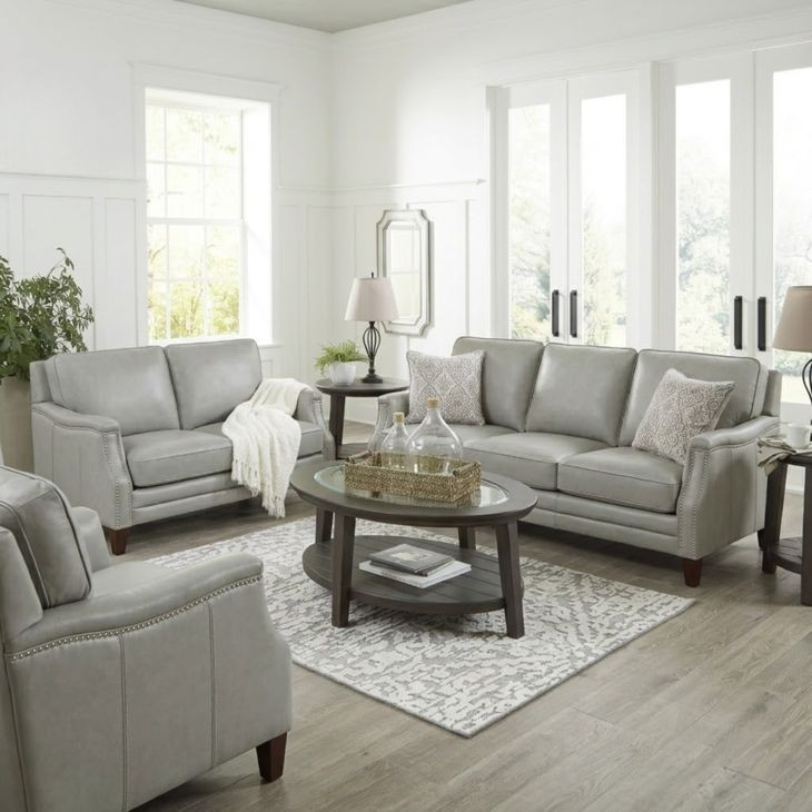 Camden Silver Leather 61" Loveseat with Nailhead Trim