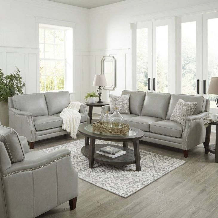 Camden Silver Leather 87" Sofa with Nailhead Trim