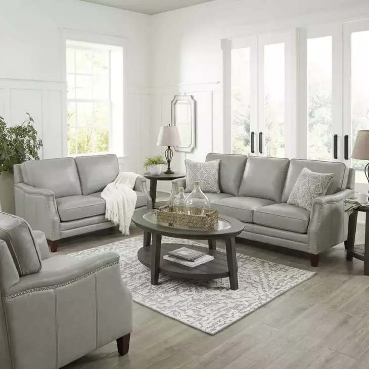 Camden Silver Leather 87" Sofa with Nailhead Trim