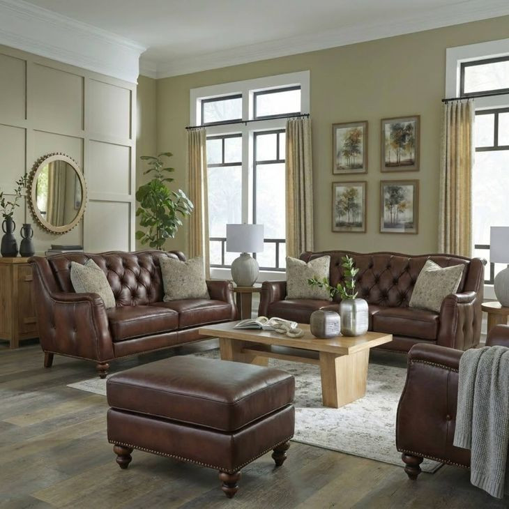 Kingswell Brown Leather 91" Sofa with Nailhead Trim