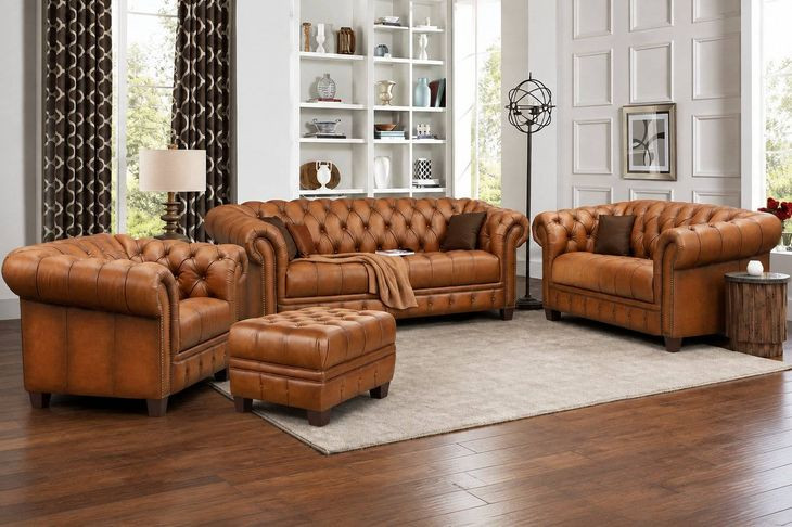 Haworth Saddle Leather Living Room Set with Nailhead Trim