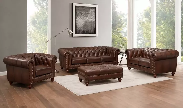 Waverly Caramel Leather Living Room Set with Nailhead Trim