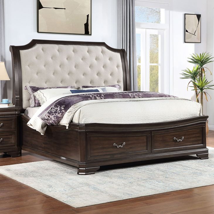 Lyndhurst Walnut and Beige King Upholstered Storage Sleigh Bed