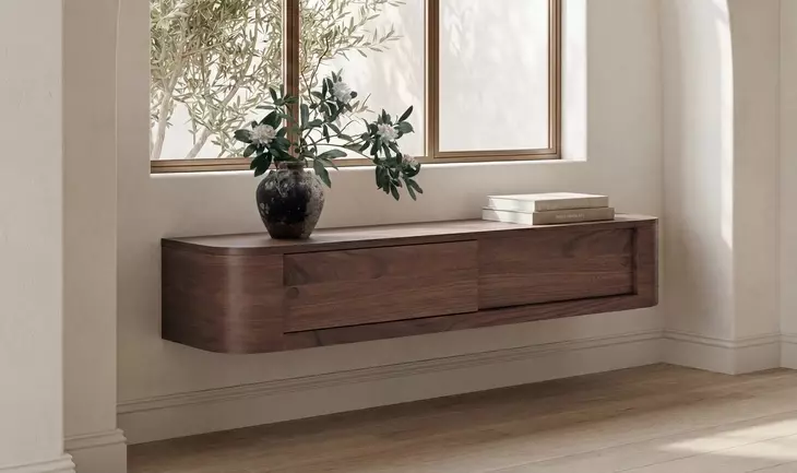 Round Off Walnut Rectangular Floating Console Table