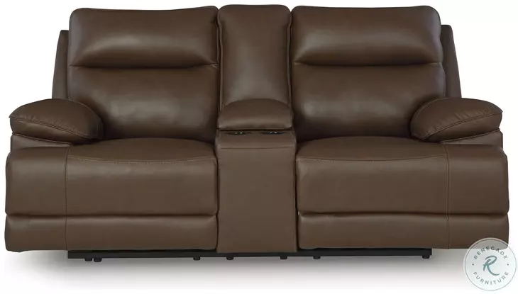 VonRyan Tobacco Power Reclining Console Loveseat with Adjustable Headrest