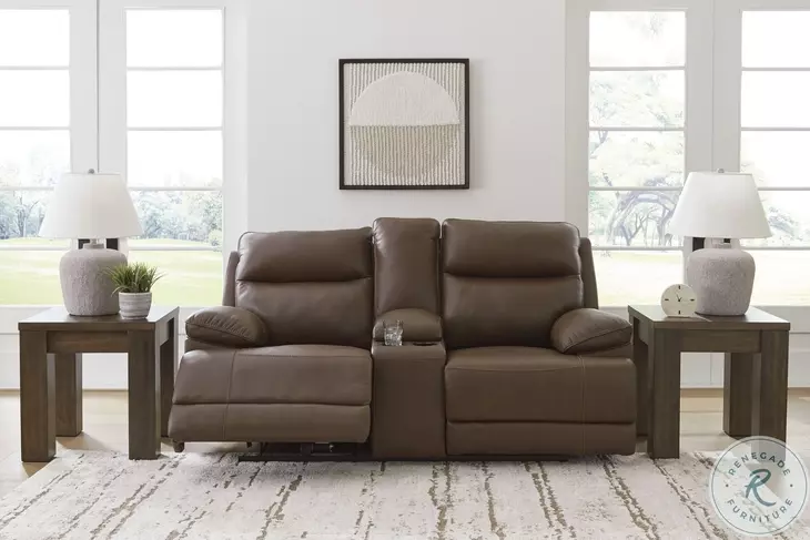 VonRyan Tobacco Power Reclining Console Loveseat with Adjustable Headrest